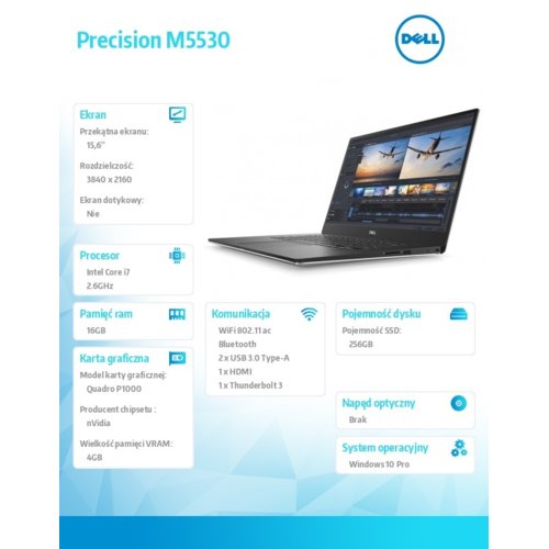 Laptop Dell Precision M5530 Win10Pro i7-8850H/256GB SSD/16GB/P1000/15,6 UHD/vPro/3Y NBD