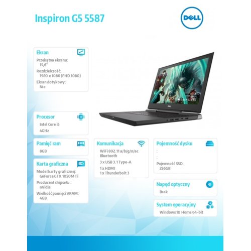 Laptop Dell Inspiron G5 5587 LOKI15KBL1905_2413_R_P_S Win10Home i5-8250U/256GB/8GB/15.6"FHD/56WHR/Silver/1Y PS+1Y CAR
