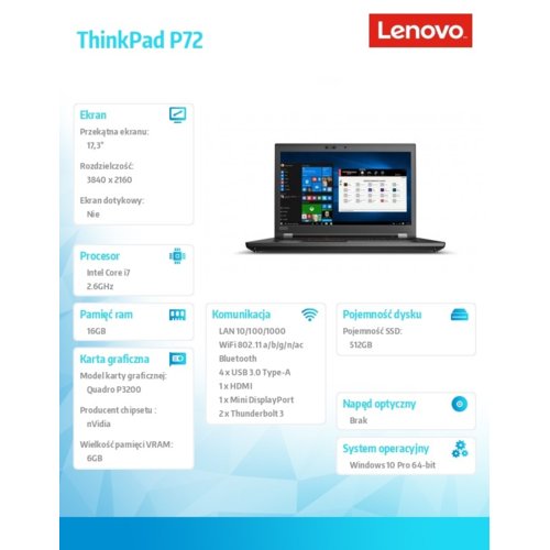 Laptop Lenovo Thinkpad P72 20MB000FPB W10Pro i7-8850H/8GB+8GB/512GB/P3200 6GB/17.3 UHD/3YRS OS