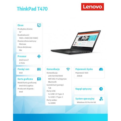 Lenovo ThinkPad T470 20HD000EPB W10Pro i7-7500U/8GB/256GB/INT/14" FHD/3YRS OS