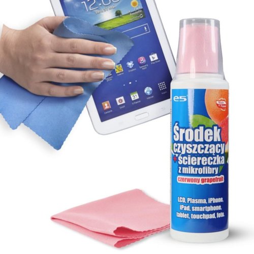 Zestaw do czyszczenia ekranów e5 LCD, PLASMA, SMARTPHONE, TABLET (płyn 250 ml + mikrofibra 20x20) o zapachu grejpfruta