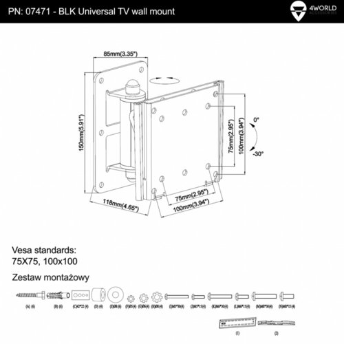 4world Uchwyt ścienny do LCD 15''-22'' VESA 50/100 uchylny/obrotowy max.30kg czarny