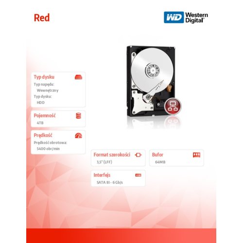 Dysk HDD Western Digital RED NAS 3,5" 4TB SATA III 64MB 5400obr/min WD40EFRX