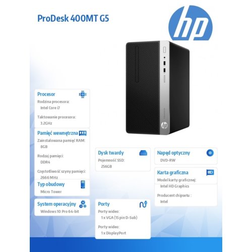 HP Komputer 400 G5 MT i7-8700 8GB 256GB W10p64 3y
