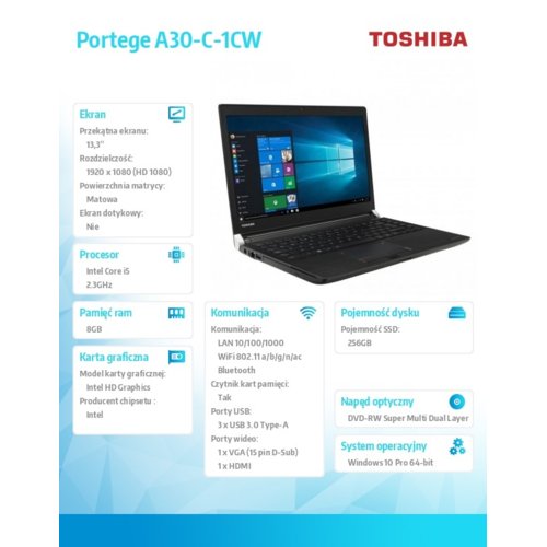 Toshiba Portege A30-C-1CW W10P/i5-6200/8/256SSD/13.3