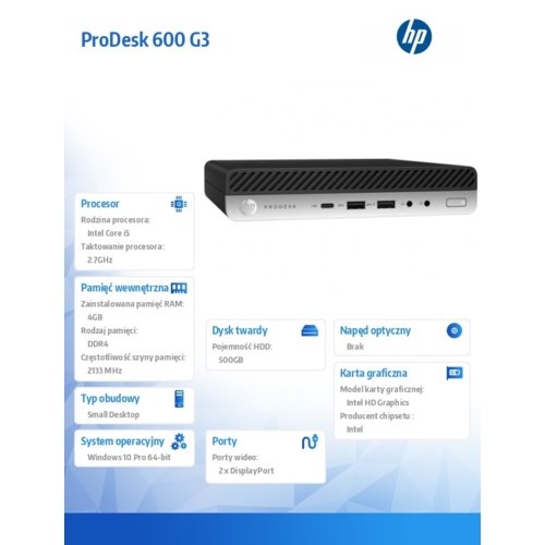 HP Inc. ProDesk 600DM G3 i5-7500T 500/4GB/W10P     1CB69EA