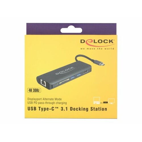 Replikator portów Delock USB Type-C -> HDMI, LAN, 2x USB 3.0, czytnik SD, USB Type-C + zasilanie czarny