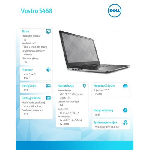 Dell VOSTRO 5468 Win10Pro i5-7200U/256GB/8GB/Intel HD/14.0"FHD/3-cell/KB-Backlit/Silver/3Y NBD