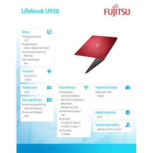 Laptop Fujitsu Lifebook U938 W10P LTE i7-8650U/12G/SSD512M.2  RED VFY:U9380M171RPL