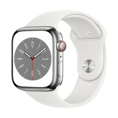 Apple Watch Series 8 GPS + Cellular 45mm Silver Stainless Steel Case with White Sport Band - Regular