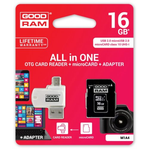 Karta pamięci MicroSDHC GOODRAM 16GB All in one - microCARD class 10 UHS I + adapter + OTG card reader USB/microUSB 2.0