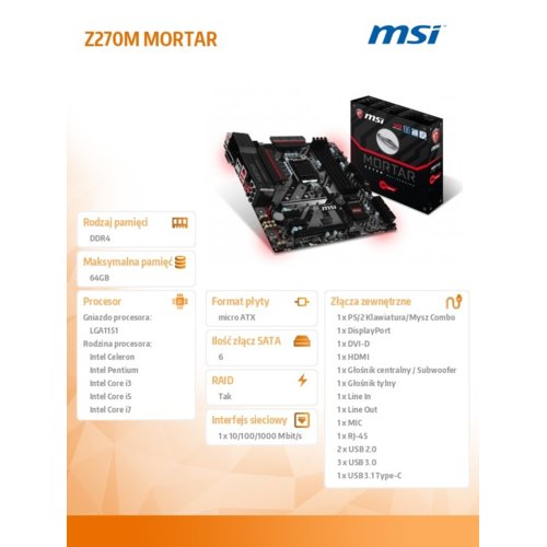 Płyta MSI Z270M MORTAR /Z270/DDR4/SATA3/M.2/USB3.0/PCIe3.0/s.1151/mATX