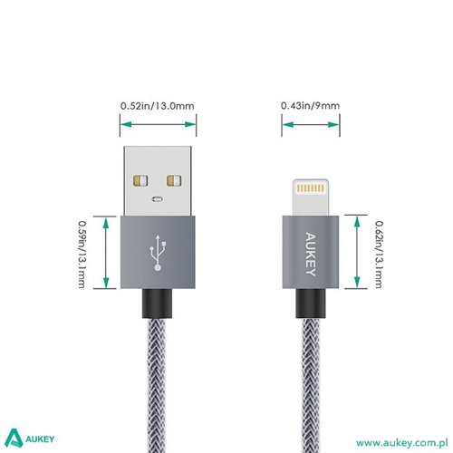AUKEY CB-D24 Grey nylonowy szybki kabel Quick Charge Lightning-USB | 1m | certyfikat MFi Apple