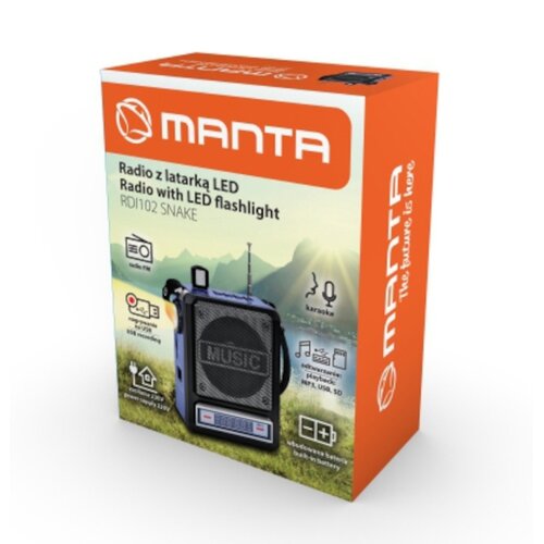 Manta Radio FM z funkcja mikrofonu przenosnego, latarka LED USB,SD, AKU-800mAh