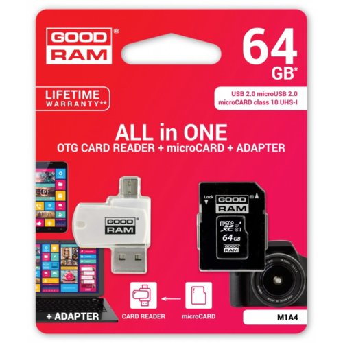 Karta pamięci MicroSDXC GOODRAM 64GB All in one - microCARD class 10 UHS I + adapter + OTG card reader USB/microUSB 2.0