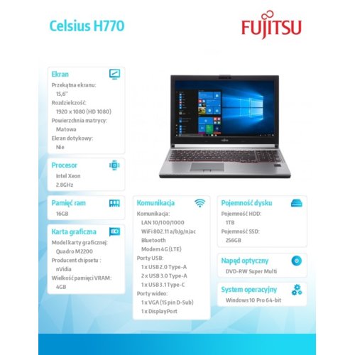 Laptop Fujitsu Celsius H770/W10P/15,6 E3-1505M/16GB/256G+1TB HDD               VFY:H7700W38SBPL
