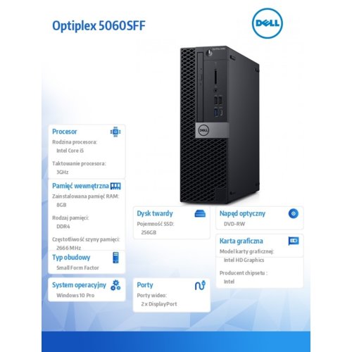 Dell Komputer Optiplex 5060SFF W10Pro i5-8500/8GB/256GB/Intel UHD 630/DVD RW/KB216/MS116/3Y NBD