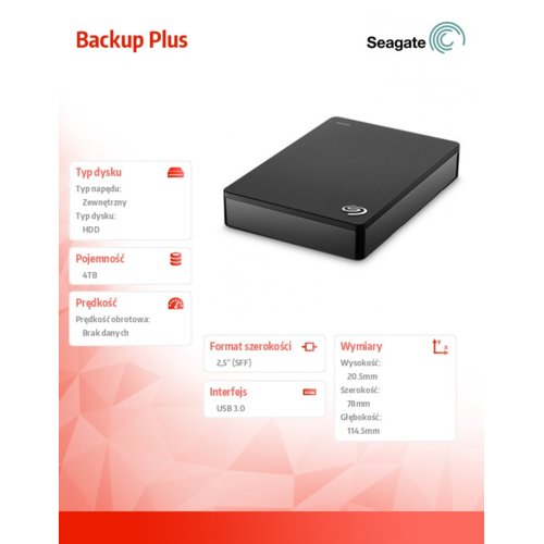 Dysk zewnętrzny SEAGATE BACKUP PLUS  STDR4000200 4TB USB3.0