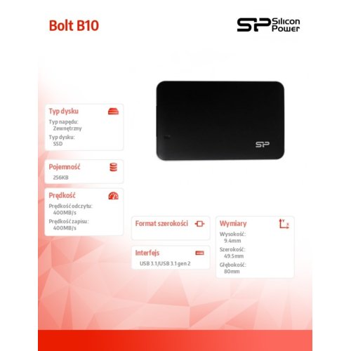 Dysk zewnętrzny SSD Silicon Power Bolt B10 256GB (400/400 MB/s) USB 3.1