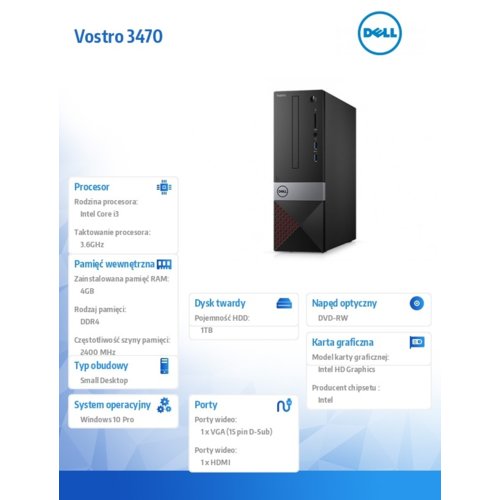 Dell Komputer Vostro 3470SFF Win10Pro i3-8100/4GB/1TB/DVDRW/Intel UHD 630/KB216/MS116/3Y NBD