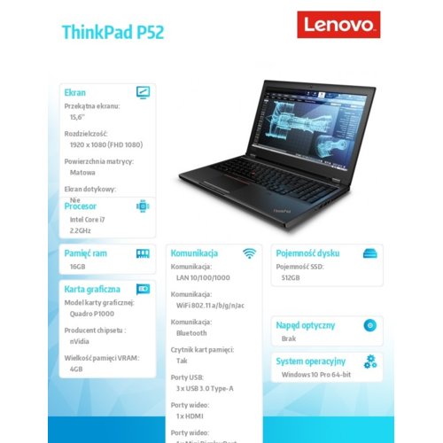 Laptop Lenovo ThinkPad P52 20M9001GPB W10Pro i7-8750H/8GB+8GB/512GB/P1000 4GB/15.6FHD/3YRS OS
