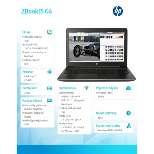Laptop HP Inc. ZBook15 G4 i7-7820HQ 512/32/15,6/W10P Y6K28EA