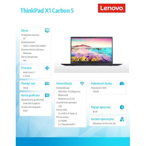 Laptop Lenovo ThinkPad X1 Carbon 5 20HR002NPB W10Pro i7-7500U/16GB/512GB/INT/14" FHD/4G LTE/3YRS OS