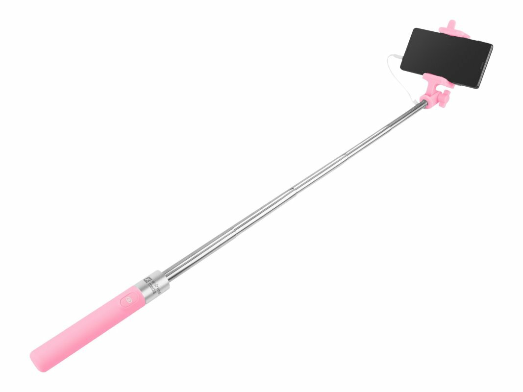Uchwyt do selfie Natec Monopod SF-20W przewodowy różowy telefon na rozłożonym uchwycie