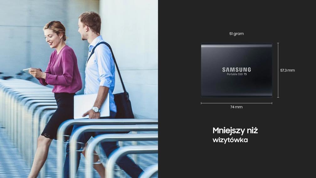 Dysk SSD Samsung Portable T5 MU-PA250B/EU 250GB USB 3.1 Gen.2 niebieski widok od przodu przedstawione wymiary dysku