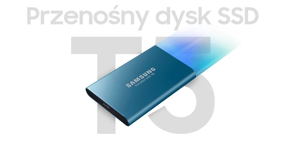 Dysk przenośny Samsung Portable SSD T5 MU-PA500B/EU widok na dysk pod skosem w prawo