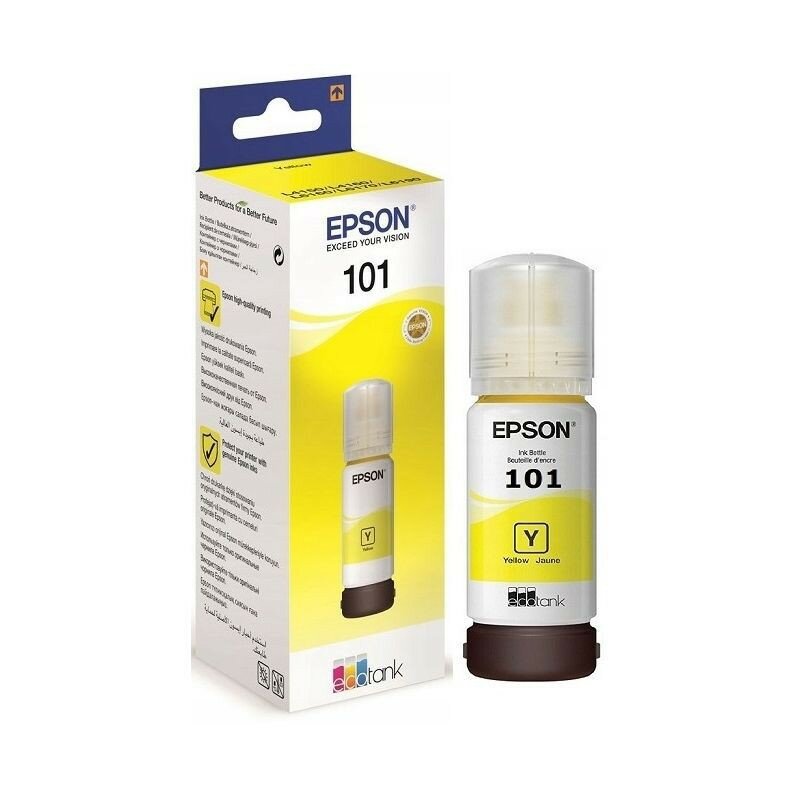 Tusz Epson 101 EcoTank Yellow 127ml żółta front butelki i opakowania
