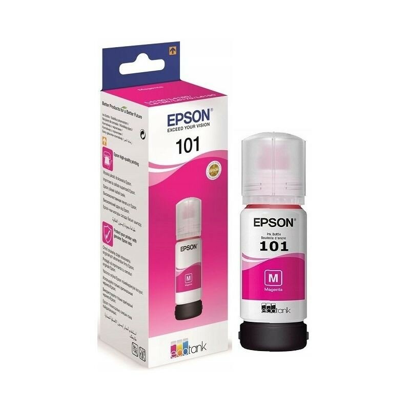 Tusz Epson 101 EcoTank Magenta 127ml żółta front butelki i opakowania