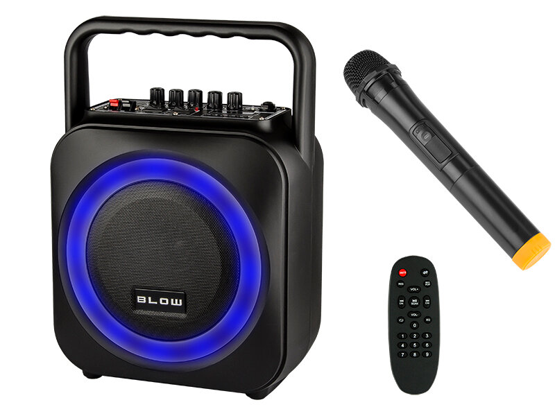 Głośnik Bluetooth BLOW BT-800 z mikrofonem widok na zawartość zestawu, głośnik, mikrofon i pilot sterujący