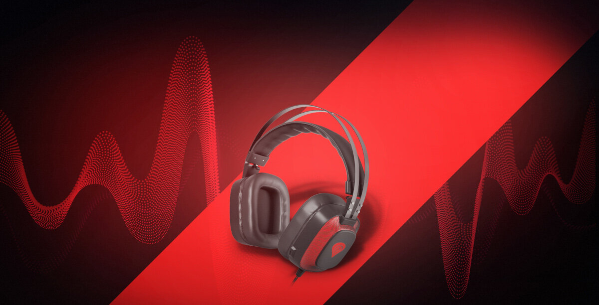 Słuchawki Genesis Radon 720 Gaming Virtual 7.1 LED czarno-czerwone widok na słuchawki pod skosem na czerwonym tle