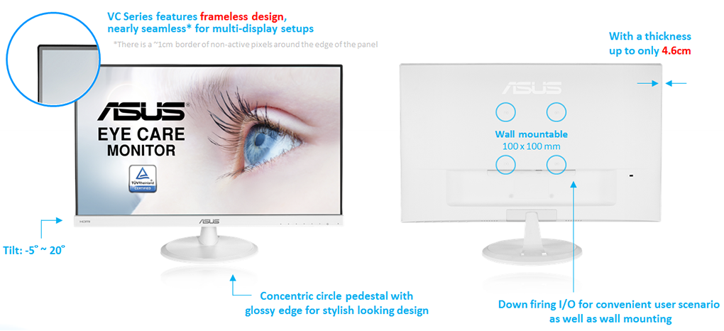 Monitor ASUS VC239HE-W Eye Care biały przybliżone i omówione najważniejsze cechy monitora
