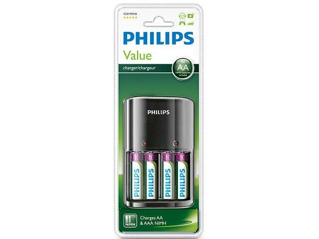 Ładowarka Philips 4 sloty AA/AAA + 4 X AA 2100 mAh frontem w opakowaniu