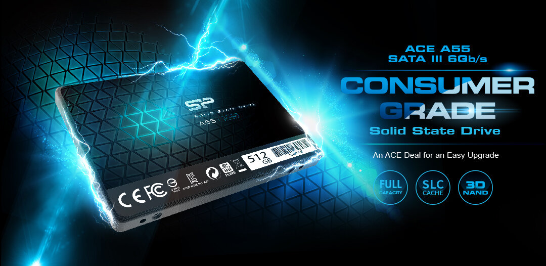 Dysk SSD Silicon Power Ace A55 SP001TBSS3A55S25 od lewej strony pod skosem