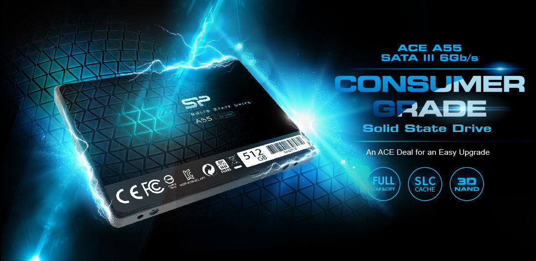 Dysk SSD Silicon Power A55 512GB grafika z dyskiem i osiągami na niebiesko czarnym tle