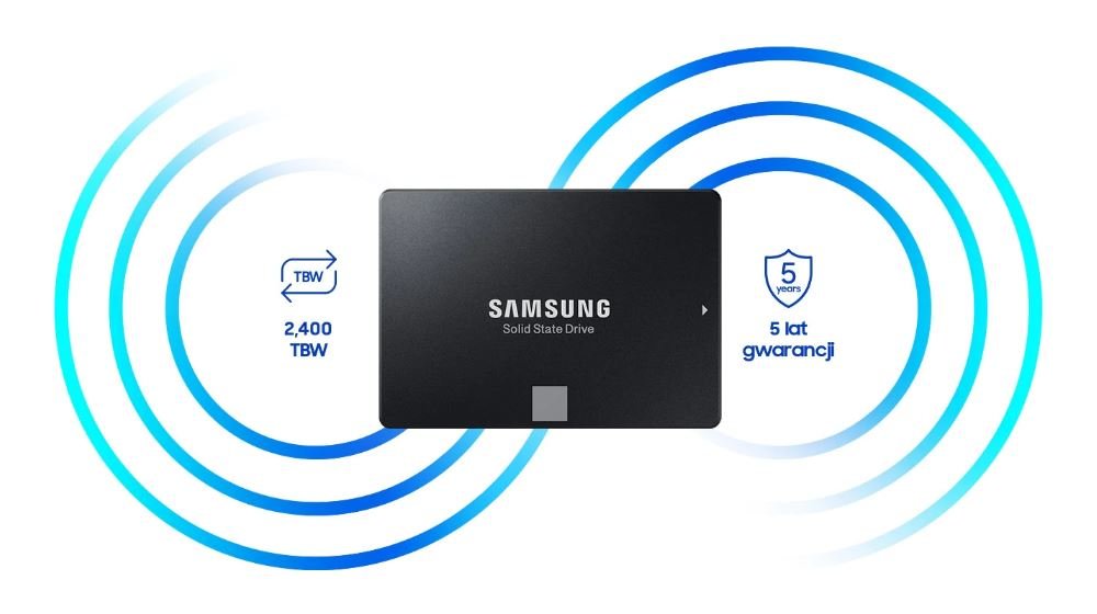 Dysk SSD Samsung 860 EVO M.2 250GB Informacja o V-NAND zapewnia do 2400 TBW i 5-letniej gwarancji