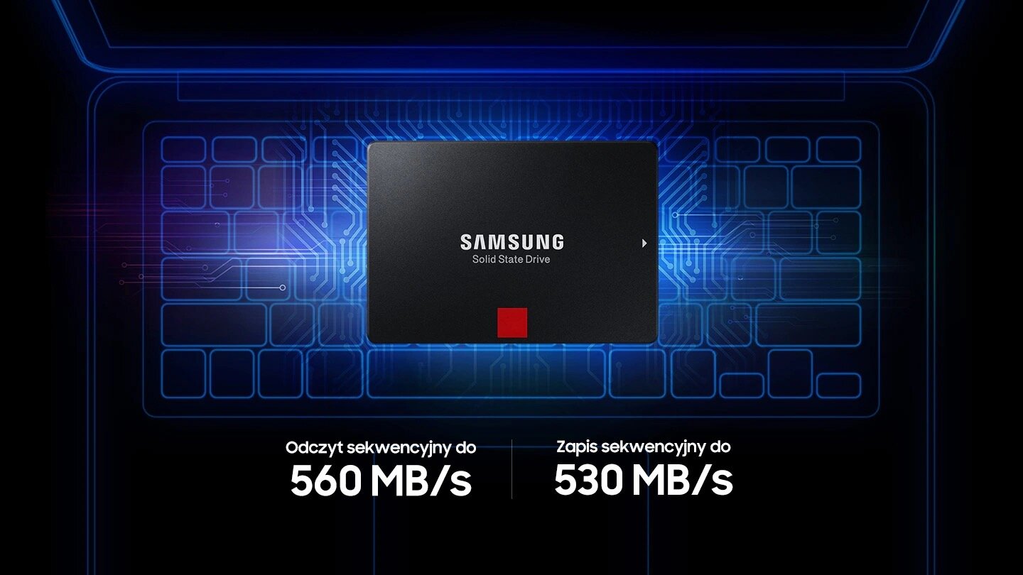 Dysk SSD Samsung 860 PRO MZ-76P2T0B/EU 2TB czarny widok od góry z wyszczególnionymi prędkościami zapisu i odczytu