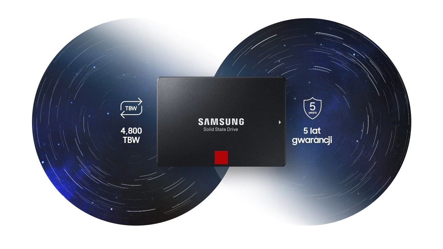 Dysk SSD Samsung 860 PRO MZ-76P512B/EU 512GB czarny widok na dysk do przodu z przedstawionym okresem gwarancji