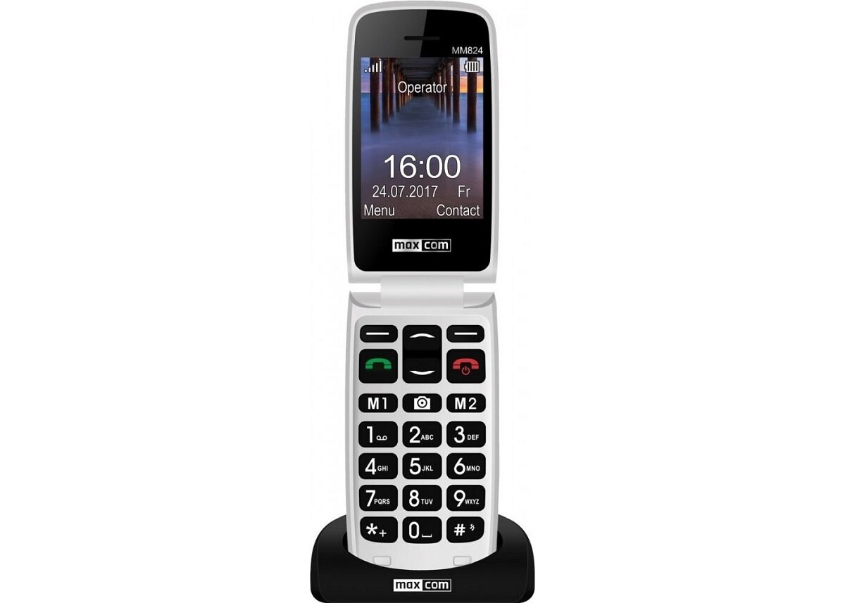 Telefon Maxcom Comfort MM824 czarny od frontu z otwartą klapką na białym tle