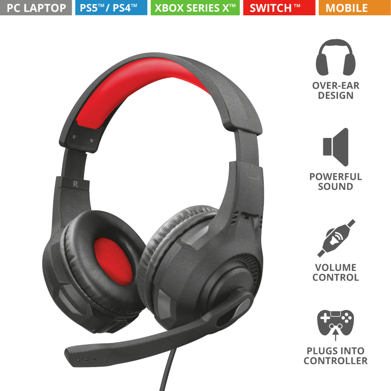 Słuchawki nauszne Trust GXT 307 Ravu czarne widok od przodu na prawy bok; graficznie przedstawione najważniejsze cechy