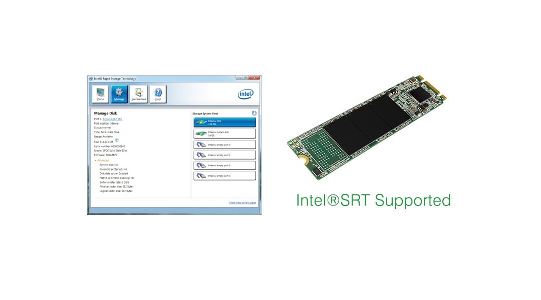 Dysk SSD Silicon Power A55 256GB M.2 od frontu obok oprogramowania Intel SRT