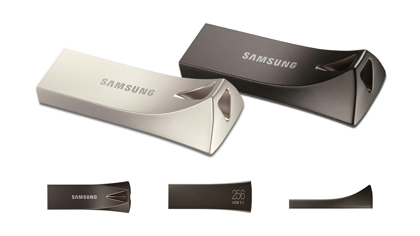 Pendrive Samsung BAR Plus USB 3.1 64 GB MUF-64BE4/EU Szary widok od przodu na pendrive pod róznym kątem