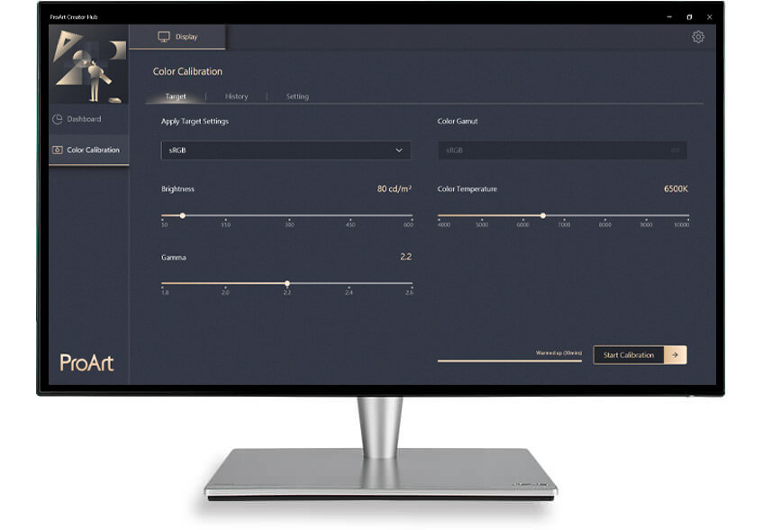 Monitor Asus ProArt PA27AC widok na monitor od frontu z ukazaną technologią kalibracji kolorów