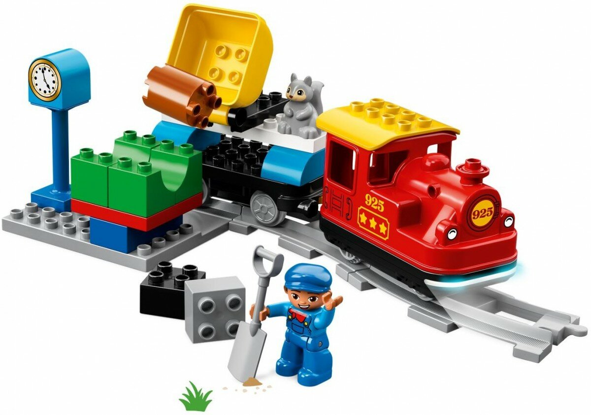 Klocki Lego Duplo Pociąg parowy 10874 złożony zestaw pod skosem na białym tle