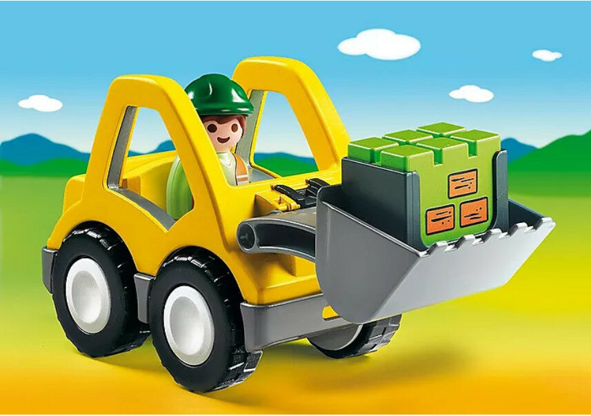  Zabawka Playmobil ładowarka kołowa z ruchomą łopatą, figurką i akcesoriami widok ładowarki z boku