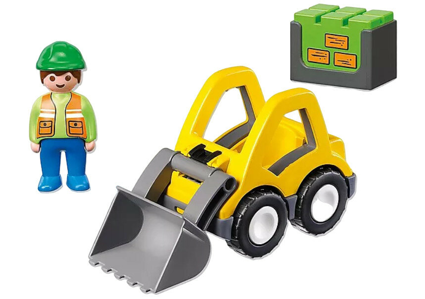  Zabawka Playmobil ładowarka kołowa z ruchomą łopatą, figurką i akcesoriami pracownik po lewej, ładowarka po prawej stronie