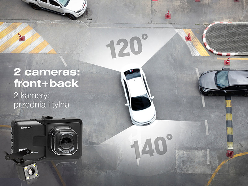 Kamera samochodowa Tracer MobiDouble czarna graficzne przedstawienie kątów widzenia kamery
